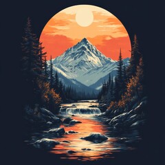 Wall Mural - Mountain landscape with river and sunset.