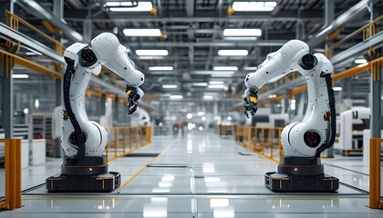 Futuristic manufacturing environment featuring industrial robots and advanced machines in a sleek, white decor production line.