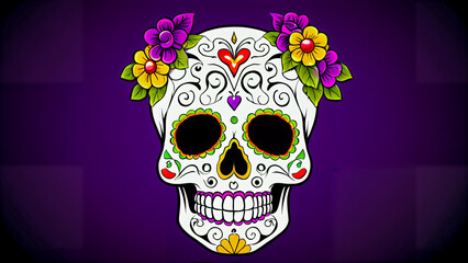 Ornamental Calavera of Día de los Muertos: A Festive Sugar Skull Adorned with Bright Flowers and Heart-Shaped Nasal Cavity, Celebrating Life and Death with Intricate Petal Patterns and a Purple Textur