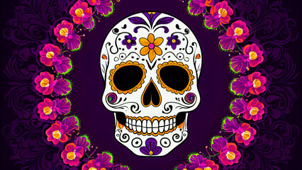 Wall Mural - Ornamental Calavera of Día de los Muertos: A Festive Sugar Skull Adorned with Bright Flowers and Heart-Shaped Nasal Cavity, Celebrating Life and Death with Intricate Petal Patterns and a Purple Textur