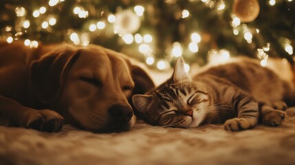 a dog and cat napping together in front of a glowing christmas tree, creating a peaceful and funny m