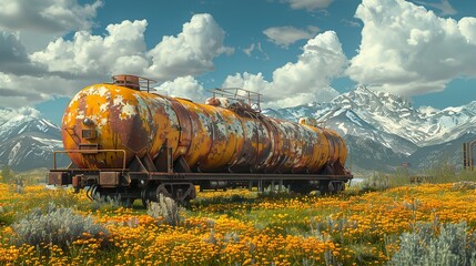 Rusty Tank Car in a Field of Wildflowers with Mountains in the Background