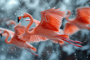 Poster - A flock of neon-colored flamingos flying through a snowstorm, their vibrant hues creating a striking visual amidst the cold, white landscape.