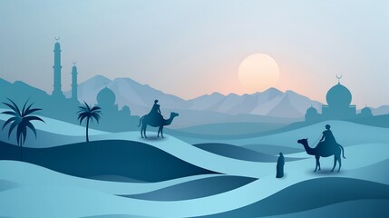 Silhouettes of camels and people traveling through desert landscape with sunset and mosque in the distance