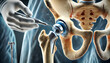 © Chinamon - 3D Bone: Hip replacement surgery, surgeon replacing damaged hip joint with prosthetic implant. focus on metal, plastic components of prosthetic, artificial ball and socket in place of natural joint.