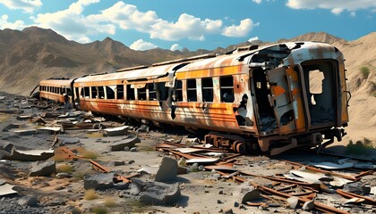 Wall Mural - Train derailment scene with broken wagons and debris, showcasing impact and chaos from the accident