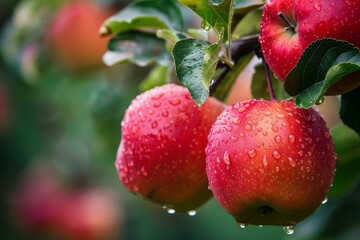 ripe red apples covered with rain drops hanging from tree branch in an orchard
