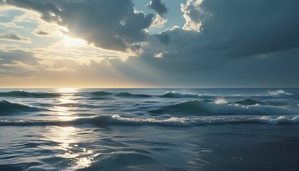 Wall Mural - A person stood alone by the sea, the waves were rolling, and the sun shone on the water in the distance, presenting a peaceful and beautiful scene.