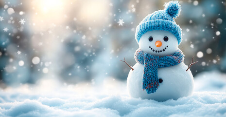 Wall Mural - A blue snowman with a blue hat and a blue scarf is standing in the snow. The snowman is smiling and he is enjoying the winter weather