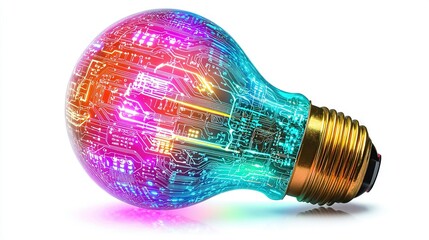 Poster -   A close-up of a light bulb with a circuit board in its shape on a white background