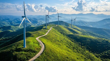 Sticker - Scenic view of wind turbines on a green hillside.