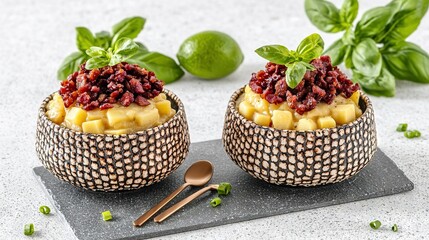 Sticker -   A plate holds two bowls brimming with nourishment, near a spoon and some green foliage