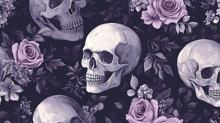 Canvas Print - Skulls and Roses in a Dark Floral Pattern