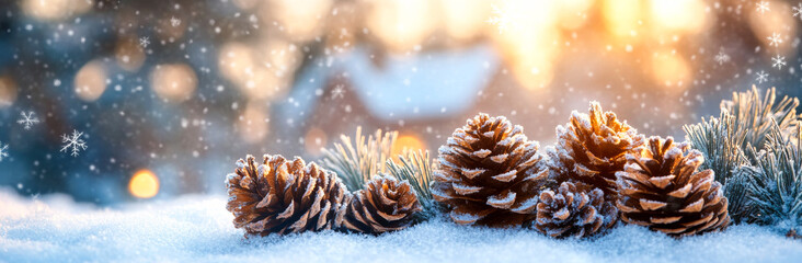 Wall Mural - A snowy landscape with pine cones on the ground. The pine cones are covered in snow and are scattered around the area. The scene has a peaceful and serene atmosphere, with the snow