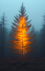 Wall Mural - A tree with a bright orange trunk stands in a forest. The tree is surrounded by other trees, and the sky is cloudy. The scene has a serene and peaceful atmosphere