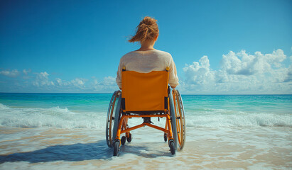 A woman in a wheelchair is sitting on the beach. The ocean is in the background and the sky is blue