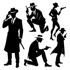 A collection of private detectives is depicted in various poses reflecting their roles and skills in a striking black art style exuding mystery and intrigue