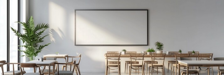 Sticker - Minimalist Cafe Interior with Large Blank Canvas for Mockup