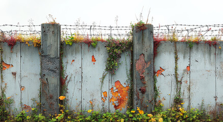 Wall Mural - A fence with a lot of vines growing on it. The fence is old and rusted. The vines are green and yellow