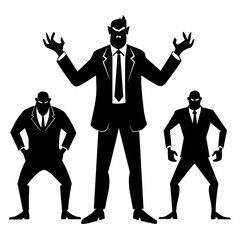 Three black silhouette figures embodying bosses are arranged in distinct poses illustrating an authoritative presence in a minimalist artistic style