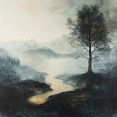 Canvas Print - Serene landscape with a winding river and foggy mountains.