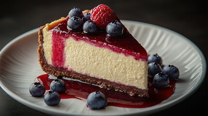 Sticker -  A white plate holds a slice of cheesecake topped with fresh blueberries and juicy raspberries