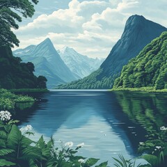 Sticker - Serene landscape with mountains and a tranquil lake.