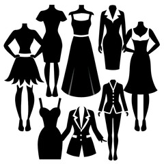 A diverse assortment of elegant ladies attire silhouettes features a range of stylish dresses and ensembles presented in black ideal for fashion inspiration