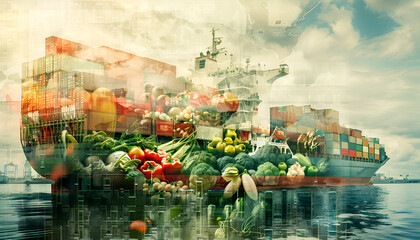 cargo ship loaded with containers and fresh vegetables, symbolizing global food transportation and logistics