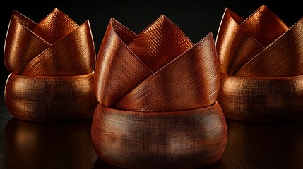   Copper vases arranged on a black background