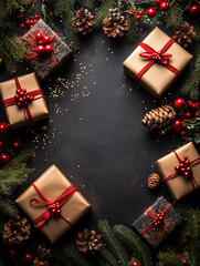 top view photo of gift boxes and christmas ornaments and pine branches on isolated black background 