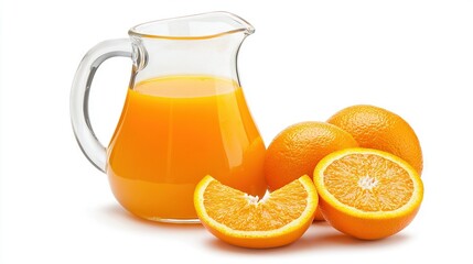 Poster -   A pitcher of orange juice sits beside orange slices on a white tablecloth