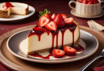 A close-up image of a cheesecake with a graham cracker crust, topped with fresh strawberries and drizzled with a dark red sauce or syrup