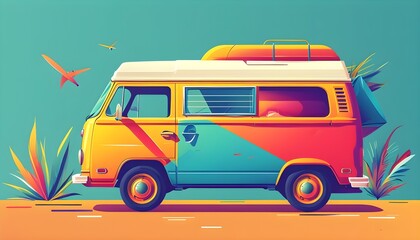 Wall Mural - Colorful illustration of a van getting packed for a holiday adventure in a flat vector icon style