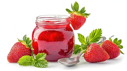 Poster -   A jar of strawberry jam contains three strawberries nearby and a spoon beside it