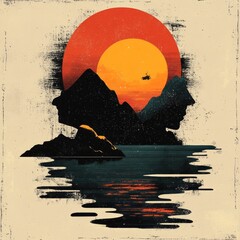 Canvas Print - Silhouette of mountains and faces against a sunset.