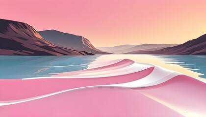 Wall Mural - Serene pink milk sea with gentle waves, illuminated by soft morning light in a flat vector icon style illustration