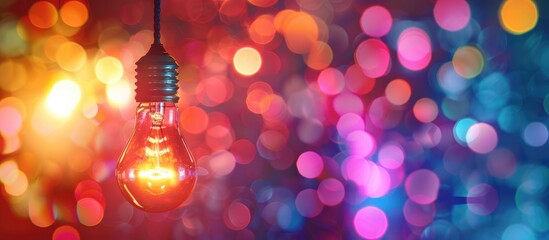 Wall Mural - light bulb hanging from the top with inscription idea on a colorful background bokeh lights led info