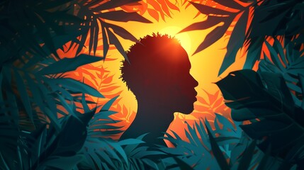 Wall Mural - Silhouette of man in jungle at sunset, mystery, adventure, survival, exploration