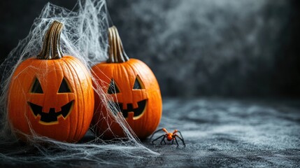 Three Halloween pumpkins with multicolored glow on a dark background. A picture with a place for text.