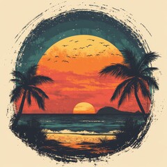 Sunset beach scene with palm trees and ocean waves.