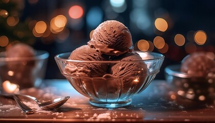 scoops of chocolate ice cream in a glass plate on the table
