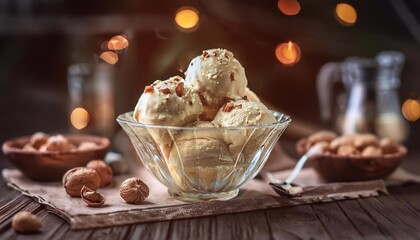 scoops of ice cream with caramel and nut flavors in a glass plate on the table
