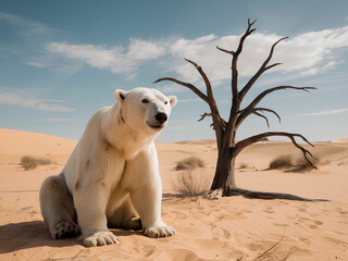 A polar bear sits in a desert landscape, with a dead tree nearby. Concept of loss of Agricultural Land, and climate change