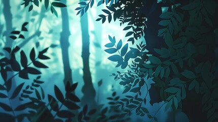 Wall Mural - Mystical Forest Background with Green Teal Tones and Silhouettes of Leaves