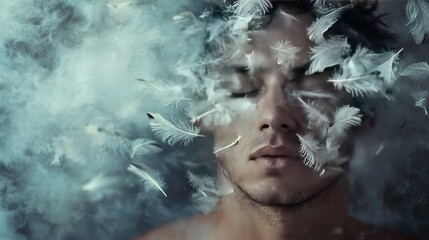 Wall Mural -   A man with eyes shut in white feathers surrounds him; feathers float above his head in portraiture