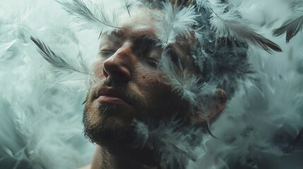 Canvas Print -   A man wearing feathers on his head, tilts upward, observing something skyward as smoke billows from his face