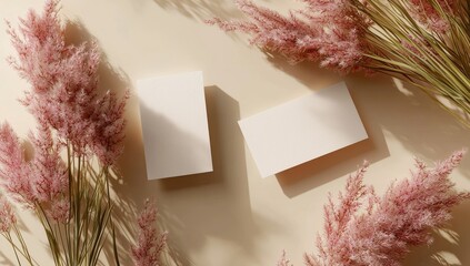 Wall Mural - Two blank business card mockups on a beige background with soft pink pampas grass surrounding, ideal for elegant and professional branding displays