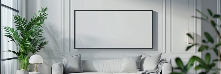 Poster - Minimalist living room interior with blank frame mockup above grey sofa