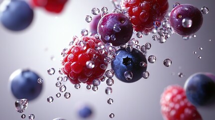 Sticker -   Red, white, and blue berries float in the air with water droplets beneath them Blueberries are also visible at the bottom